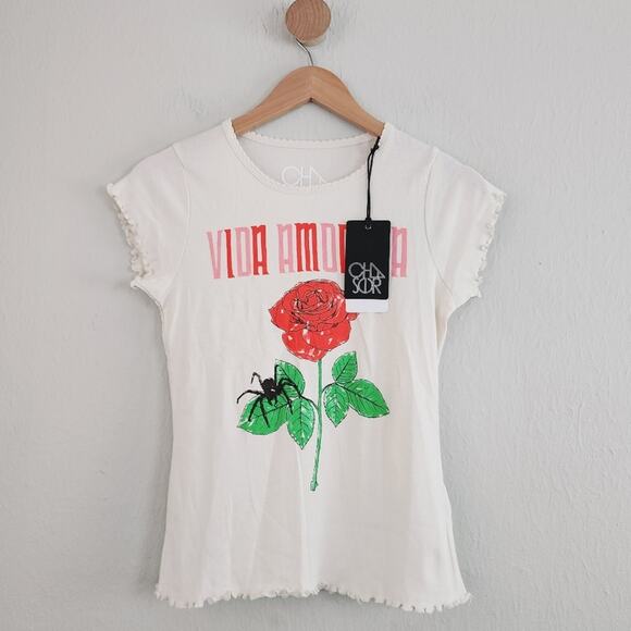 Chaser NWT Vida Amorosa Graphic Baby Tee Cropped Cotton Lettuce Edge Y2K - Picture 1 of 9